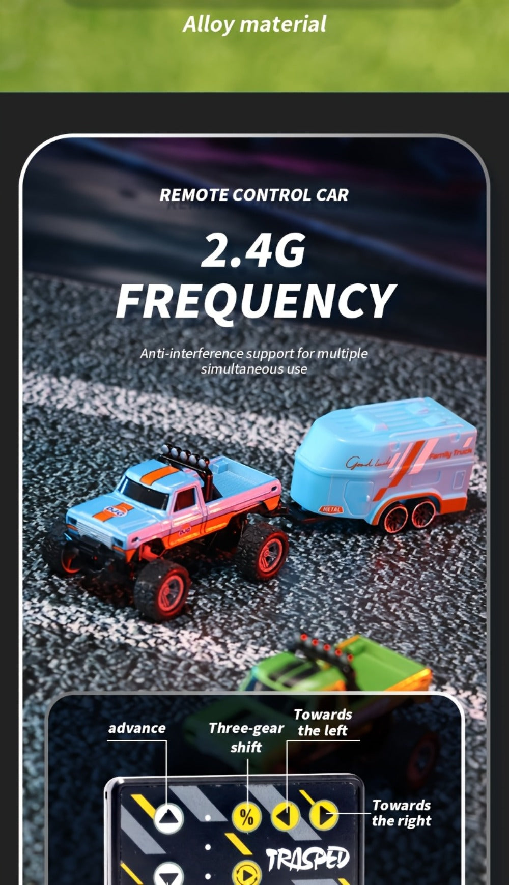 Mini RC Truck 1:64 Scale with Trailer – 2.4GHz Alloy Remote Control Monster Off-Road Pickup with LED Body Lights & Headlights, Rock Crawler Toy for Boys, Birthday Christmas Gift Green Gray Blue