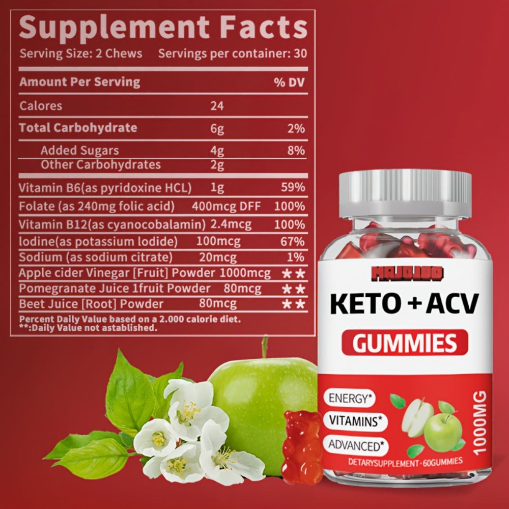 Apple Cider Vinegar Gummies with Pomegranate, Beet Juice & B12 — Vegan Keto ACV Gummies for Weight Management, Gut Health & Natural Energy | Vitamins B & C, Gluten-Free Supplement for Men & Women | 60 Gummies | 1, 2 or 3 Pack