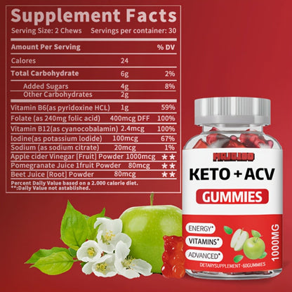 Apple Cider Vinegar Gummies with Pomegranate, Beet Juice & B12 — Vegan Keto ACV Gummies for Weight Management, Gut Health & Natural Energy | Vitamins B & C, Gluten-Free Supplement for Men & Women | 60 Gummies | 1, 2 or 3 Pack