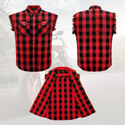 Men's Casual Sleeveless Plaid Cotton Shirt - All-Season Comfort, Classic Checkered Pattern, Single-Breasted Button-Up with Fringe Hem, Regular Fit for Streetwear, Beach & Vacation, Beach Attire, Streetstyle Apparel
