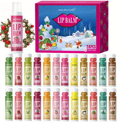 Lip Balm Set 24 Pcs Christmas Gift Box — Plant Fragrance Long-Lasting Moisturizing & Brightening Lip Color for Men & Women, Holiday Stocking Stuffer & New Year Party Favor Gift