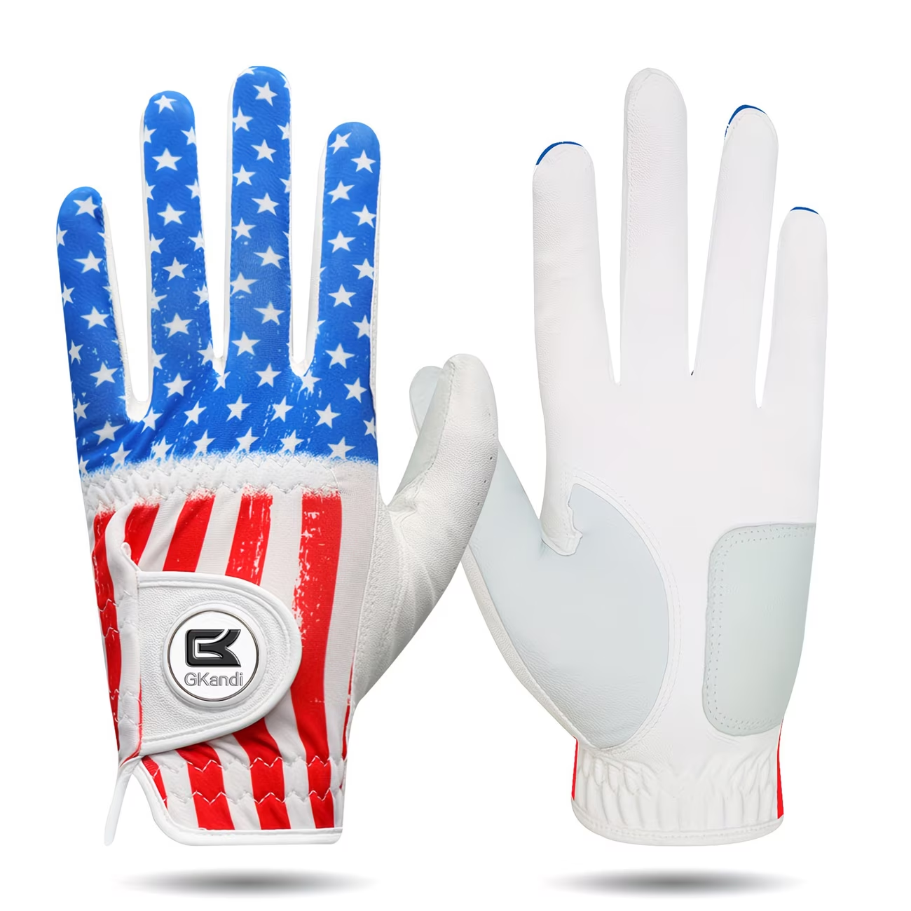 Men's Golf Glove Left Hand with Ball Marker - Breathable All Weather Grip, Hook & Loop Closure, Sizes S M ML L XL, USA Flag, Blue & White, Stylish Polyester Golf Gloves for Men Golfers, Confident Swing Every Round