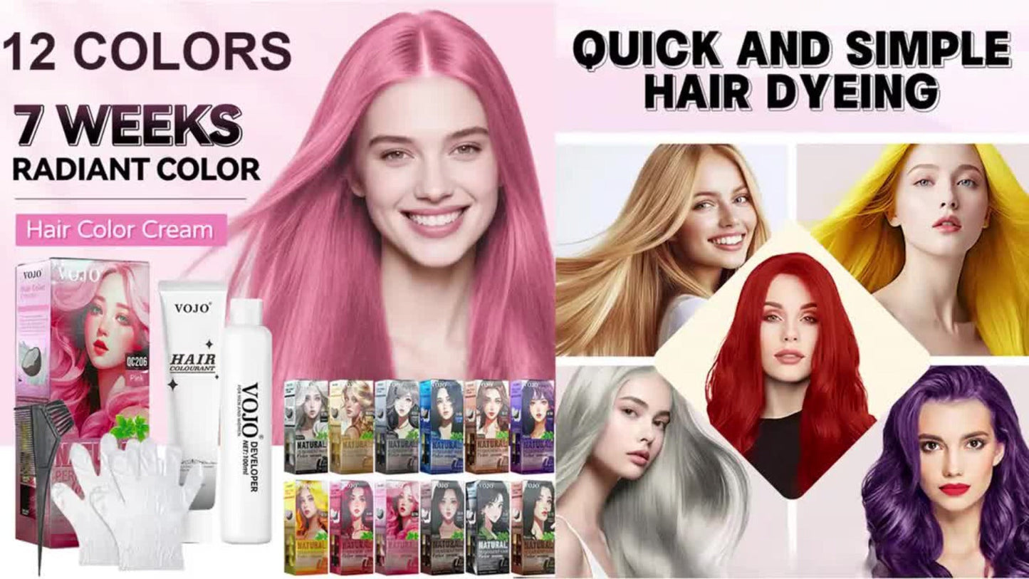 Permanent Hair Dye Kit 12 Vibrant Colors with Developer & Applicator Tools Bleach Blonde Ash Grey Ocean Blue Brown Purple Pink Red Golden Black Long-Lasting DIY At-Home Hair Color Cream Set Women