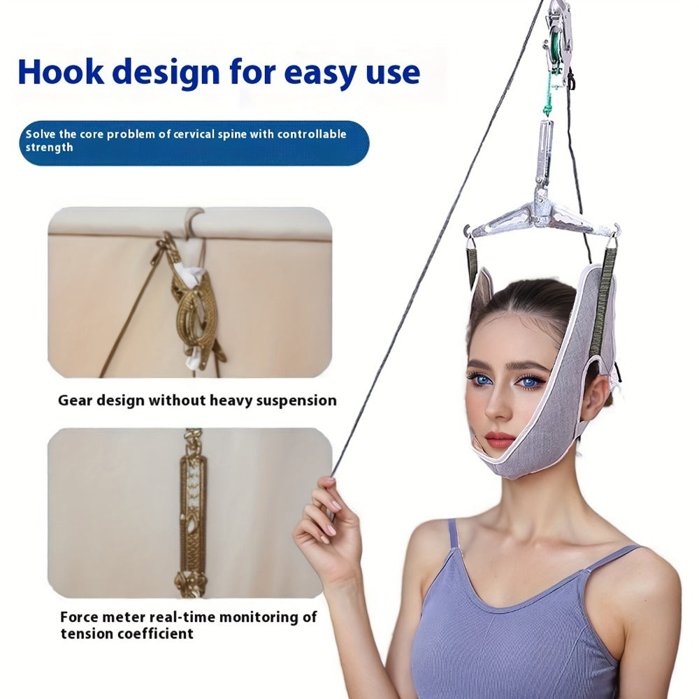 Cervical Traction Device with Handle, Adjustable Neck Traction Belt & Shoulder Massager, Spinal Decompression Pillow for Muscle Tension Relief, Durable Iron & Nylon Home Neck Stretcher