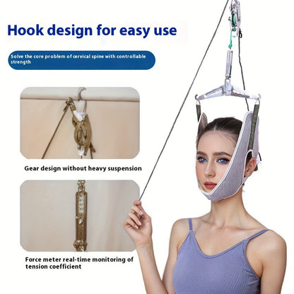 Cervical Traction Device with Handle, Adjustable Neck Traction Belt & Shoulder Massager, Spinal Decompression Pillow for Muscle Tension Relief, Durable Iron & Nylon Home Neck Stretcher