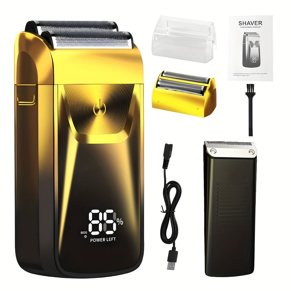 Bald Head Shaver & Beard Trimmer 2-in-1 Electric USB Rechargeable – Aluminum Foil Razor Professional Hair Clipper Grooming Tool for Men, Cordless Portable Silvery & Gold