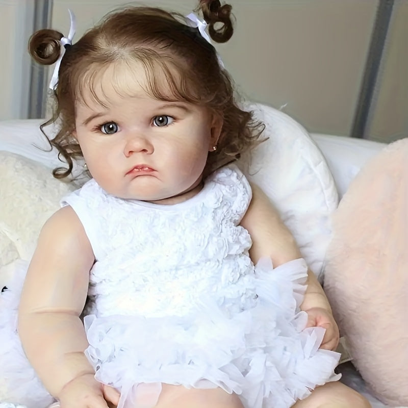 3D Painted Skin Reborn Baby Doll 24 Inch 60CM Cloth Body Vinyl Limbs – Hand-Rooted Hair, Acrylic Eyes, Lifelike Newborn Girl Gift Set with Outfit Pacifier Bottle Ear Studs for Kids Ages 3+ & Collectors