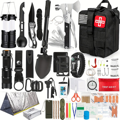 Survival Kit with Fire Starter & Compass – 14/152/258 Piece Outdoor Survival Gear Set for Camping, Hiking & Emergency | Perfect Gift for Men