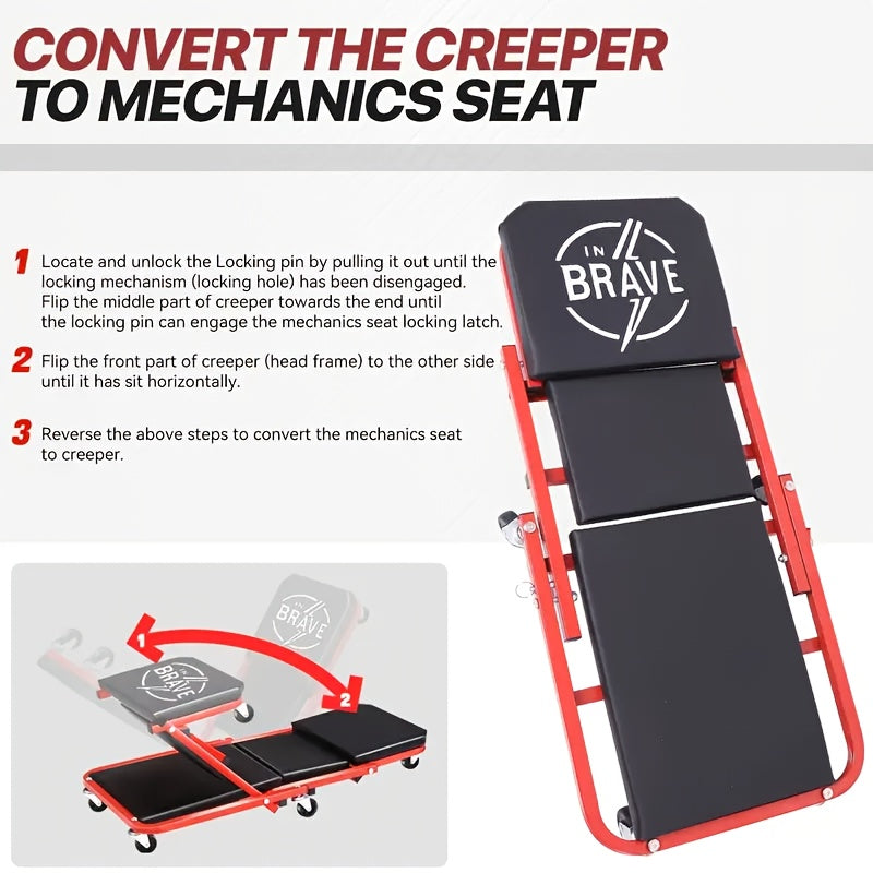 36" Heavy-Duty 3-In-1 Folding Crawler. Professional-Grade with Adjustable Z-Seat (Tilt/Recline). Features 6 Lockable Casters And A 350-650 Lb Capacity. The Essential Red/Black Tool for Multi-Purpose Automotive Repair
