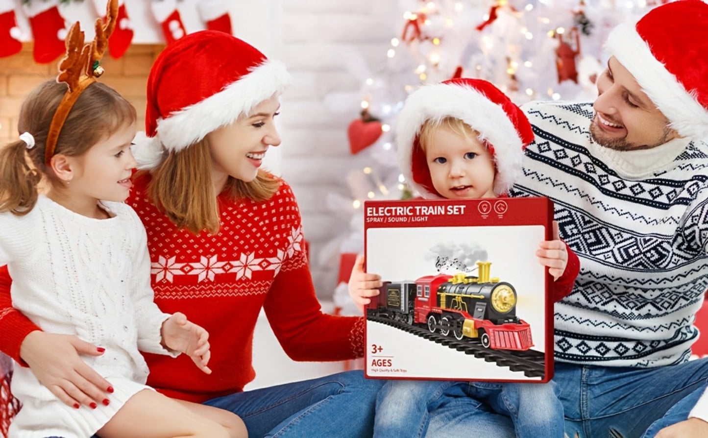 Electric Train Set for Kids with Steam Locomotive Engine Lights & Sound – Classic Christmas Train Toy with 16 Tracks 8 Cards for Boys Girls Ages 3+ Birthday Holiday Gift