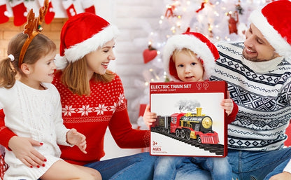 Electric Train Set for Kids with Steam Locomotive Engine Lights & Sound – Classic Christmas Train Toy with 16 Tracks 8 Cards for Boys Girls Ages 3+ Birthday Holiday Gift