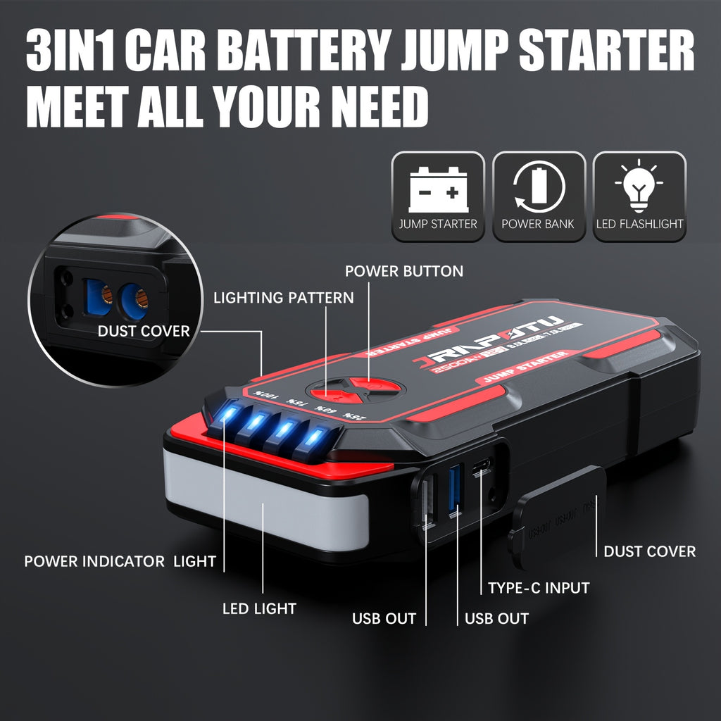 Portable Car Jump Starter, 2500A Peak Battery Jumper Starter Portable, Jump Box for Car Battery, 12V Portable Jump Starter for 2.11gal Gas & 1.85gal Diesel Cars with USB Ports & LED Flashlight, Car Battery Charger Jump Starter, Battery Starter