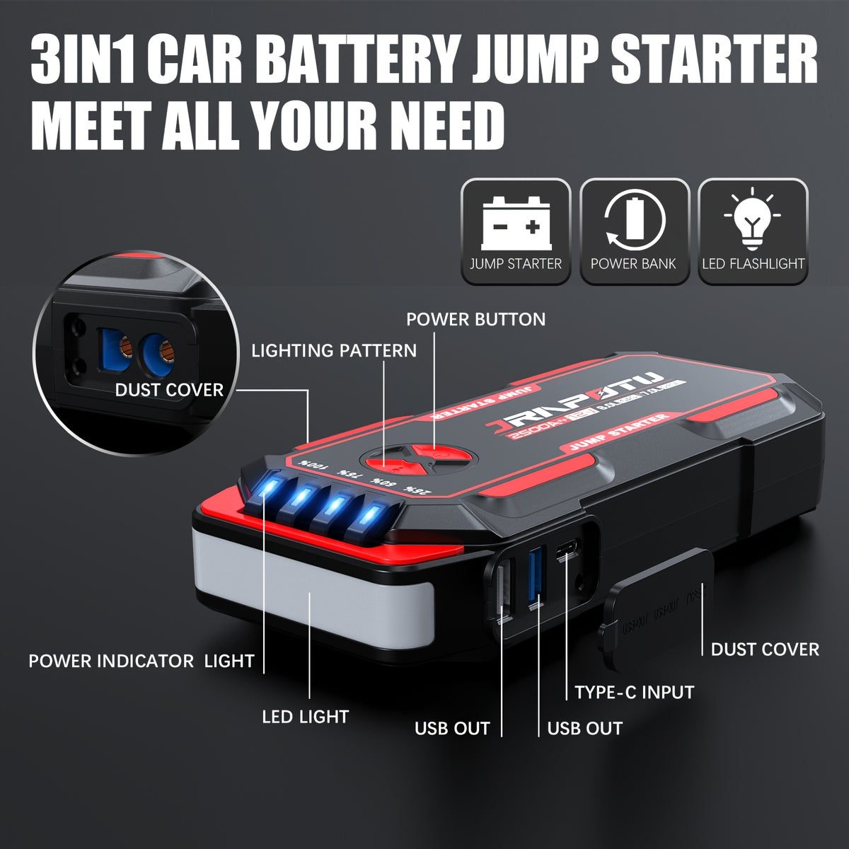 Portable Car Jump Starter, 2500A Peak Battery Jumper Starter Portable, Jump Box for Car Battery, 12V Portable Jump Starter for 2.11gal Gas & 1.85gal Diesel Cars with USB Ports & LED Flashlight, Car Battery Charger Jump Starter, Battery Starter