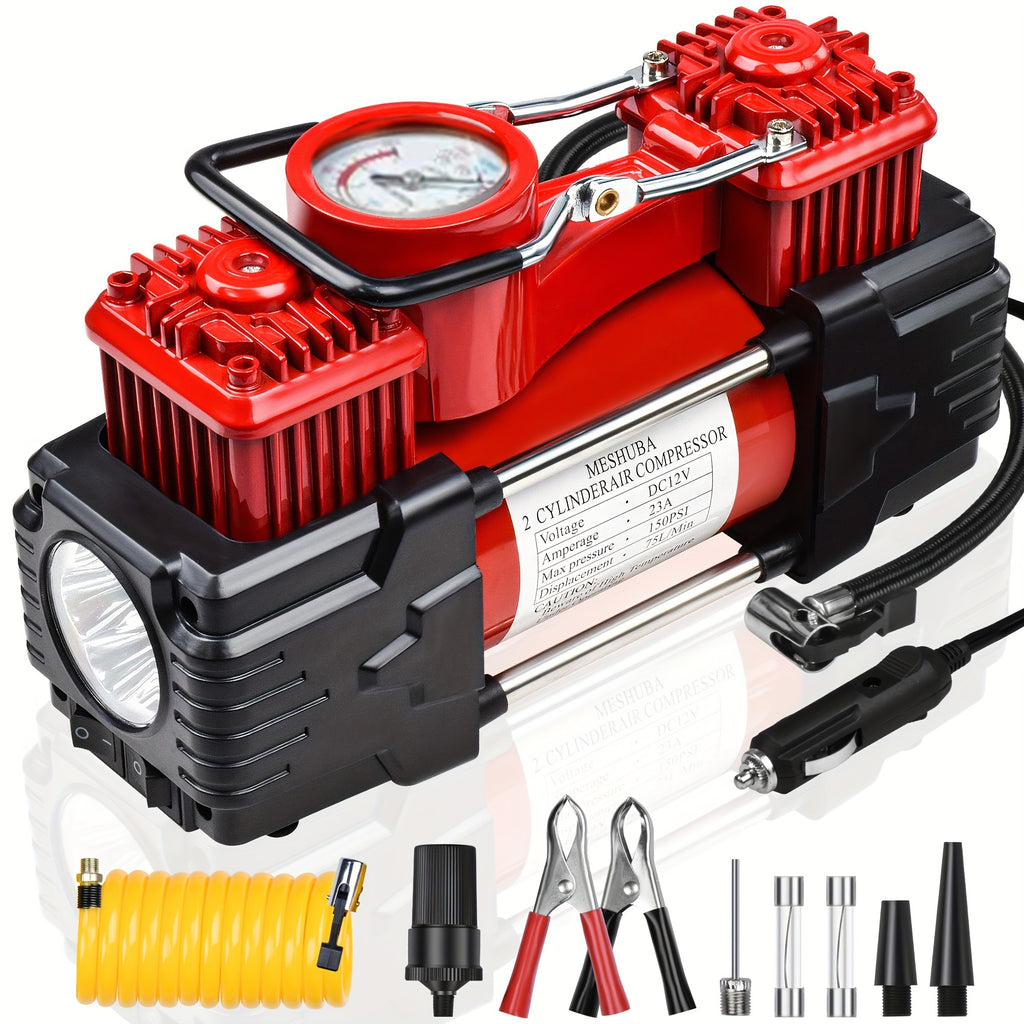 Meshuba Heavy Duty Double Cylinder Tire Inflator - Portable Metal DC 12V Air Compressor with 150PSI Pump, Blue, Includes Adapters for Car, Truck, SUV Tires, Dinghy, Air Bed & More, Tire Inflation Additions | Sleek Black End | Sturdy Blue Body