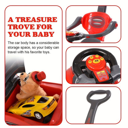 3-in-1 Toddler Push Ride & Walker Car – Baby Ride-On Toy with Guardrail, Music & Under-Seat Storage for Ages 18–36 Months | Indoor Outdoor Safe Play | Pink, Red