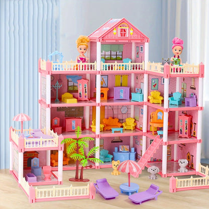 Princess Doll House Castle with Furniture & Accessories – Pink or Blue Mini Villa Playset 14 to 27 Rooms, Imaginative Play Logical Thinking Toy for Girls Ages 3+ Birthday Christmas Gift