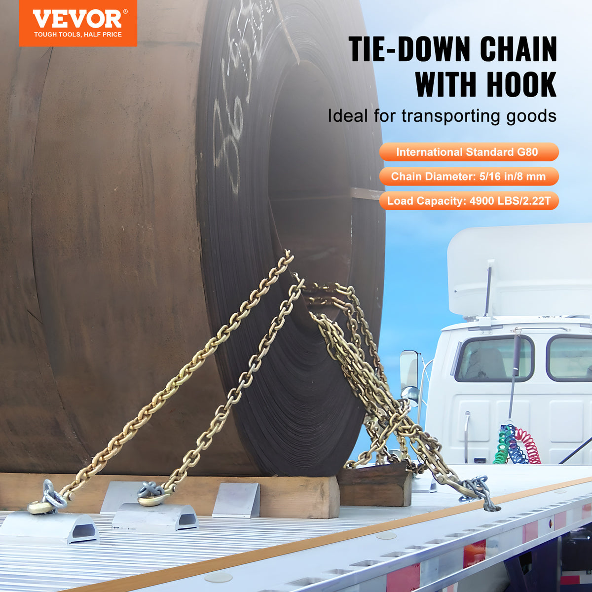 VEVOR Binder Chain G80 Tie Down Tow Chain with Two Hooks 5/16" x 14.2/10.3' 4900 lbs /3/8" x 10.3' 7100 lbs