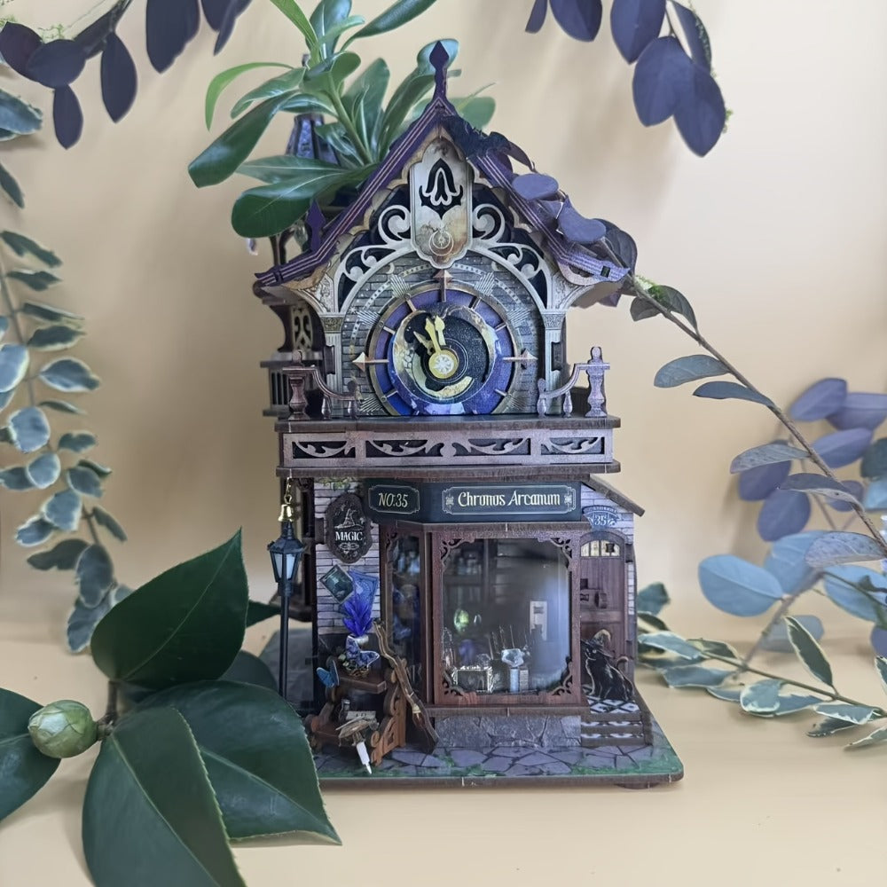 DIY Wood Miniature Bookhouse Model Kit SQ-71 Time Magic Club with Mechanical Link System – Adult Collector Dollhouse Display Piece, Unique Christmas Thanksgiving Birthday Gift for Women Teens Craft Lovers 14+