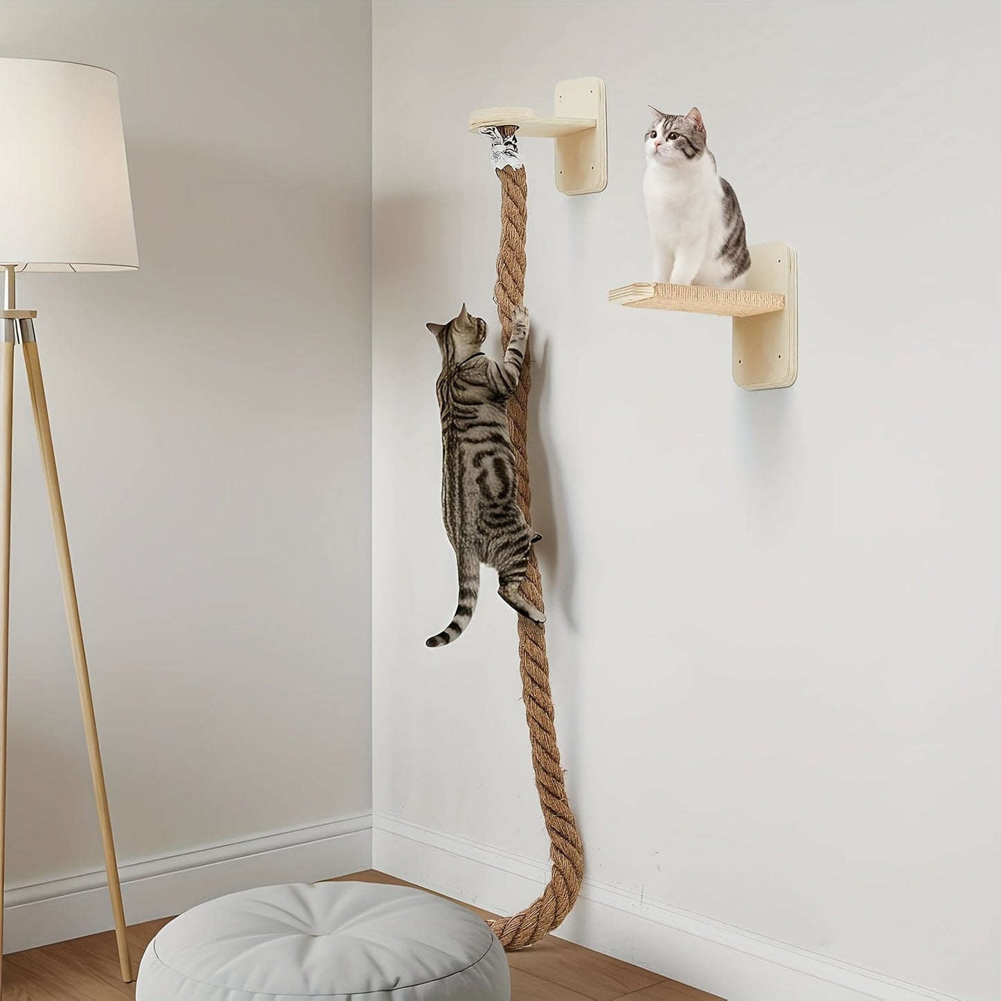 Wall-Mounted Cat Scratching Post with Climbing Rope Jute Rope Jump Platform Resting Perch Large Ladder Cat Tree Activity Center Space-Saving 1.5M 60in
