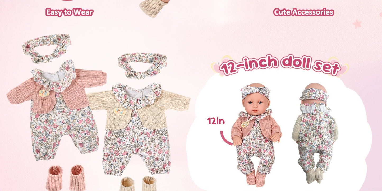Floral Dress Baby Doll 12 Inch with Rabbit Plush Toy Gift Set – Realistic Vinyl Doll with Floral Outfit, Headscarf, Socks & Bunny Toy, Creative Dress-Up Playset for Girls Ages 3+, Birthday Holiday Gift