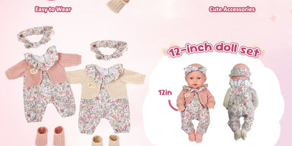 Floral Dress Baby Doll 12 Inch with Rabbit Plush Toy Gift Set – Realistic Vinyl Doll with Floral Outfit, Headscarf, Socks & Bunny Toy, Creative Dress-Up Playset for Girls Ages 3+, Birthday Holiday Gift