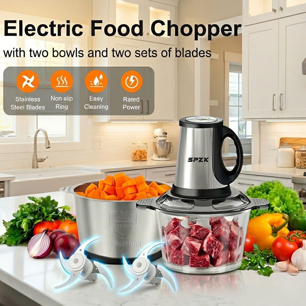 Electric Food Chopper with 2 Bowls & 2 Blades – Multi-Function Food Processor, Meat Grinder & Vegetable Chopper for Meats, Salads, Nuts, Garlic & More