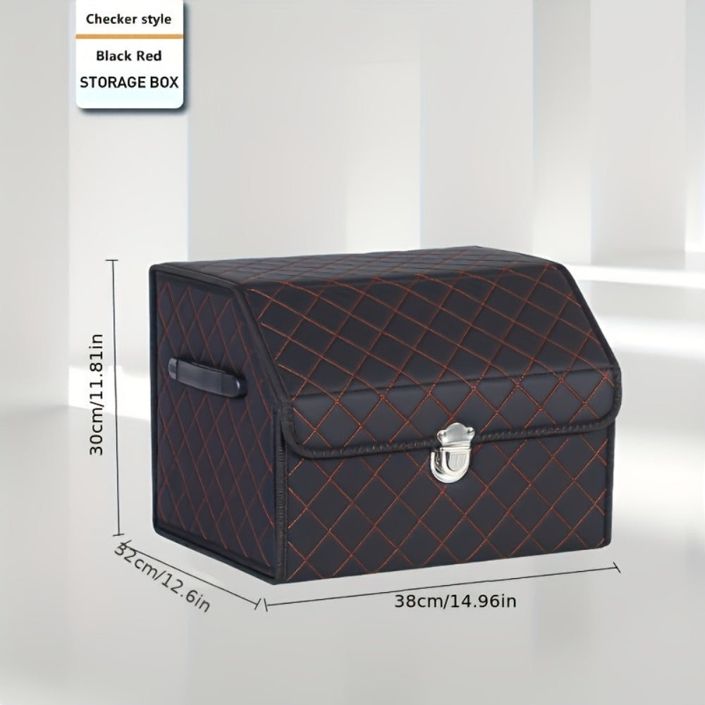 PU Leather Foldable Car Trunk Organizer Box with Lid – Collapsible Cargo Storage Bin for SUV & Sedan, Tool & Accessory Container, 15" & 28" Sizes, Coffee, Black Silver & Black Red