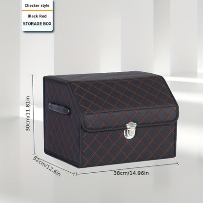 PU Leather Foldable Car Trunk Organizer Box with Lid – Collapsible Cargo Storage Bin for SUV & Sedan, Tool & Accessory Container, 15" & 28" Sizes, Coffee, Black Silver & Black Red