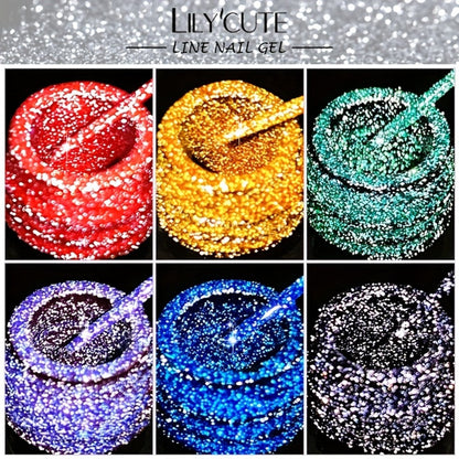 Reflective Glitter Line Gel Nail Polish 9pcs Set – LED Cure Stripe Liner Pull Line Graffiti Sparkling Nail Art Kit for Salon & DIY Home Manicure, 5ml Each Long Lasting Chip Resistant