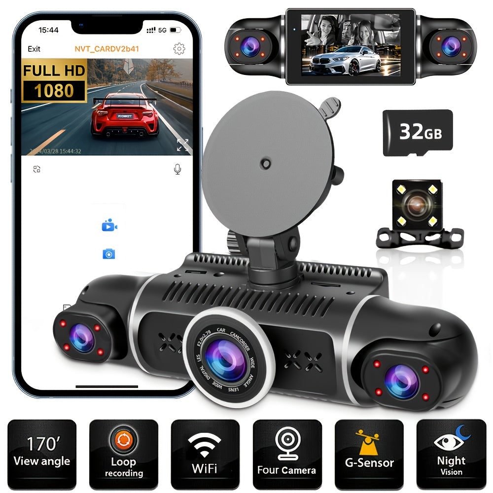 4-Channel Car Dash Cam with 4*1080P Resolution, Featuring Front, Rear, Left, And Right Cameras, Integrated Wifi, Continuous Recording, G-Sensor, Excellent Night Vision, And Includes a Free 32GB Memory Card