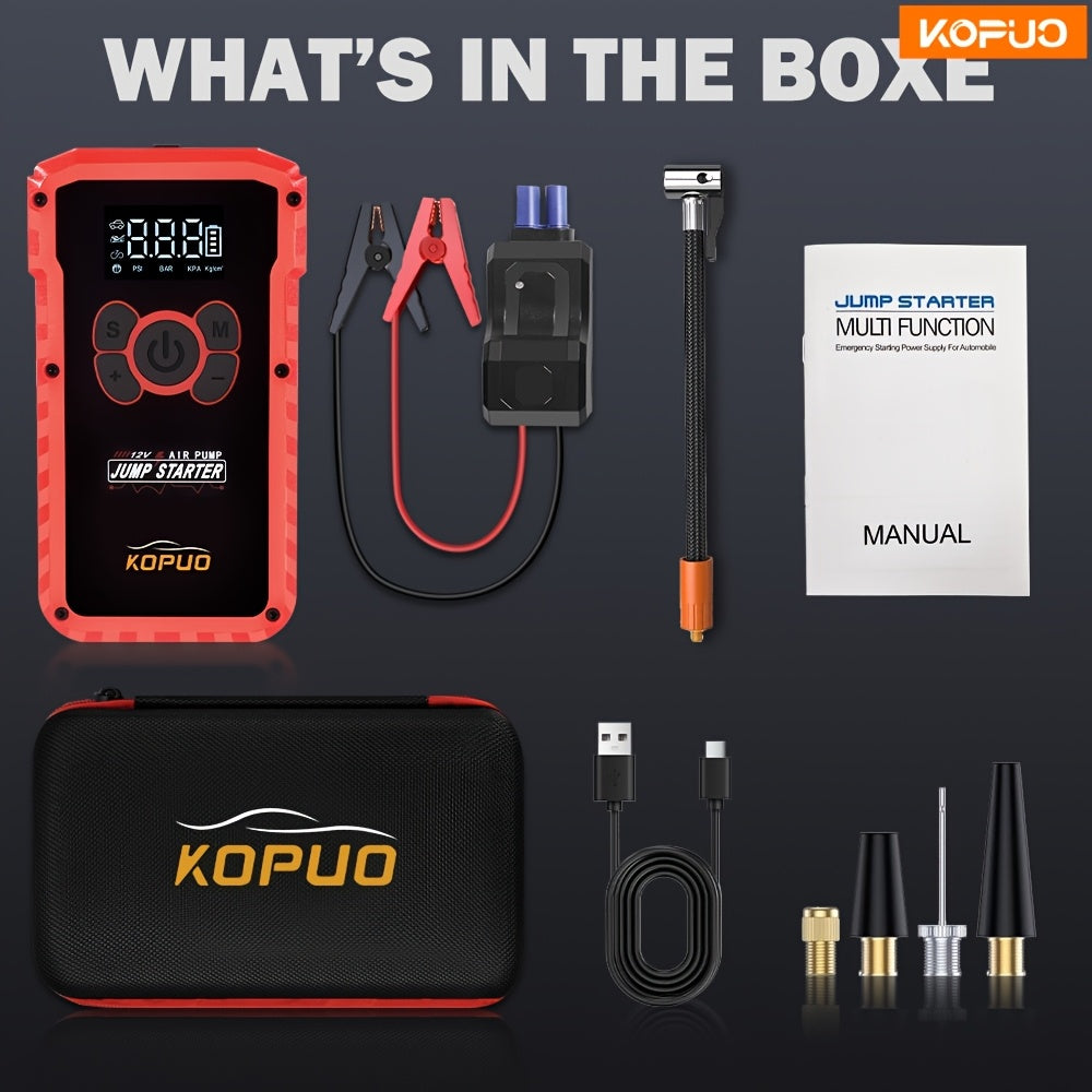 KOPUO 20000A Peak 12V Jump Box, Optional 6000A Jump Starter, Heavy Duty Car Jump Starter And Air Compressor, 150PSI Cordless Tire Inflator with Digital Gauge, All-in-One for 2.64gal Gas/2.11gal Diesel Vehicle, 3-Mode LED Light Camping Emergency