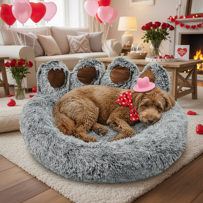 Dog Bed Cat Bed Bear Paw Shaped Donut – Calming Round Plush Pet Mattress, Warm & Soft Cuddler Bed for Dogs and Cats, Includes Pet Scarf, Sizes S to 2XL, Colors: Coffee, Pink, Grey, Brown