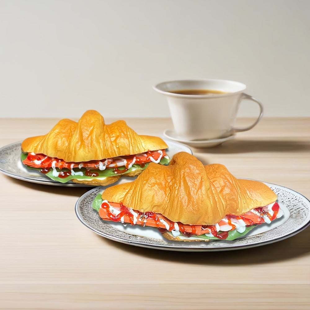 Realistic Fake Food Props 2PCS Simulation Bacon Croissant Bread – Lifelike TPU Play Food for Kids Kitchen Toy, Window Display Decor, Photography Prop, Pretend Play Food Accessory
