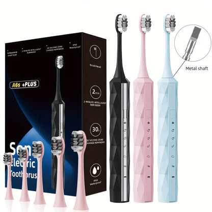 Sonic Electric Toothbrush IPX8 Waterproof – USB Rechargeable, Smart Timer, Metal Handle, 5 Replacement Brush Heads, Soft Bristles for Adults Men & Women – Black & Blue