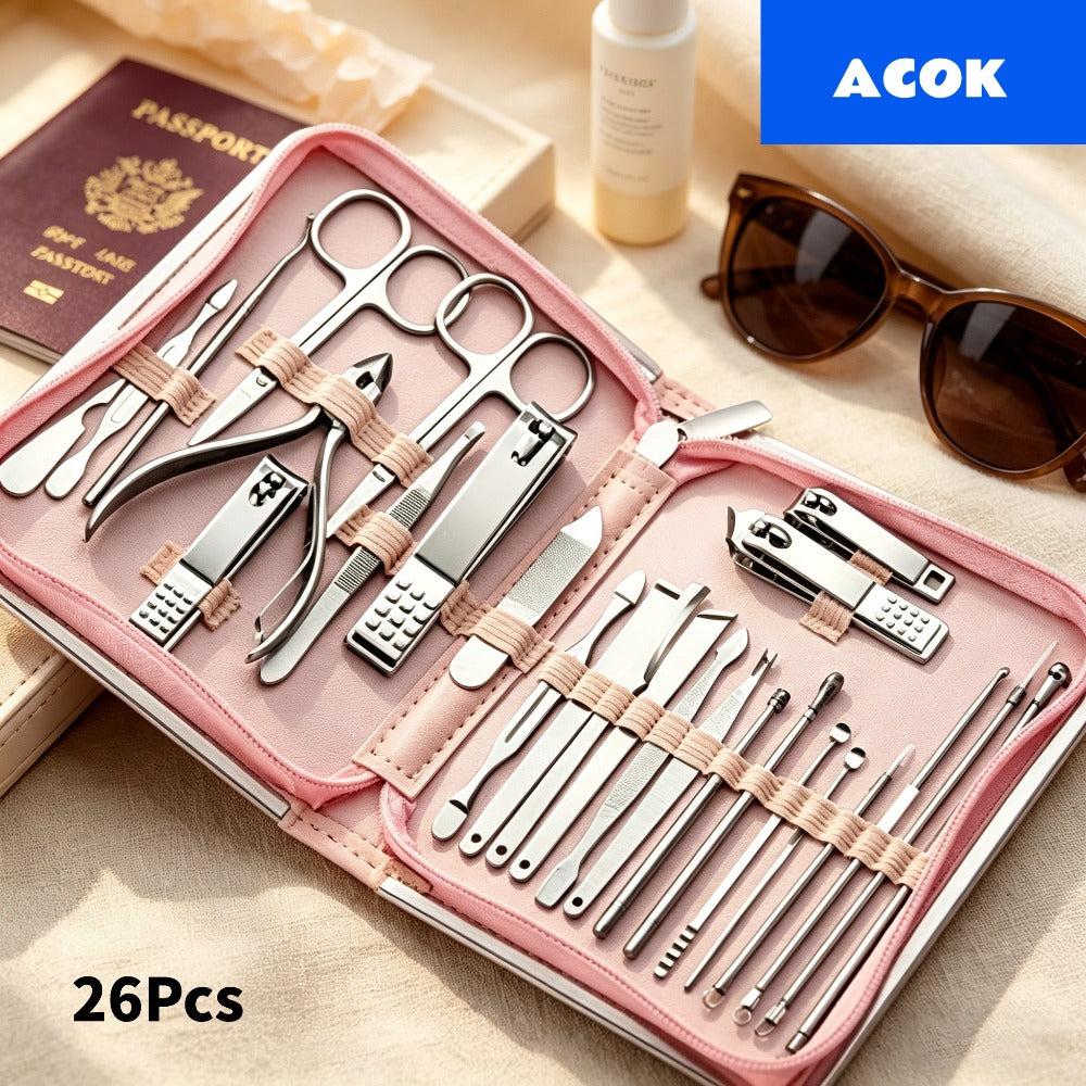 Manicure Pedicure Set 26pcs Pink Stainless Steel – Precision Nail Clippers Cuticle Nipper & Dead Skin Scissors 45° Blade Professional Grooming Kit for Women & Men, Elegant Gift Set Birthday Holiday