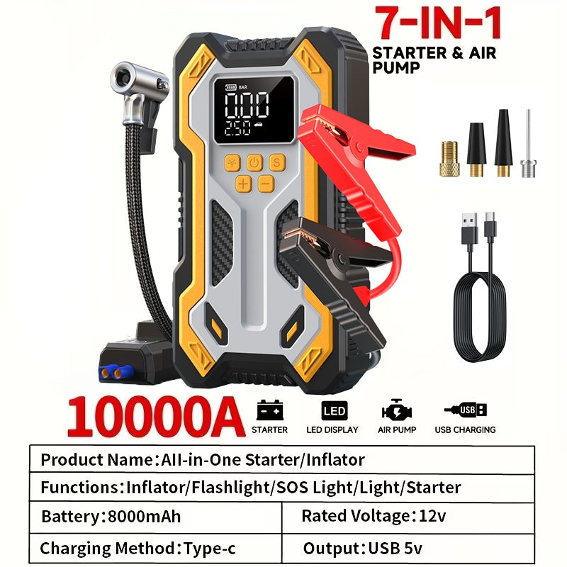 10000A 7-in-1 Multifunctional Emergency Start Power Supply, 150PSL Portable Car Battery Starter, Digital Tire Inflator, Suitable for 2.64 Gallon Gasoline Or 2.38 Gallon Diesel Batteries, LED Emergency Light, Car Accessory Tool.