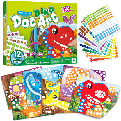 Dinosaur Dot Sticker Art Kit for Kids – 12 Picture Canvases & 1400+ Dot Stickers No Mess Creative Activity, Travel Toy Arts Crafts Birthday Gift Boys Girls Ages 3-8