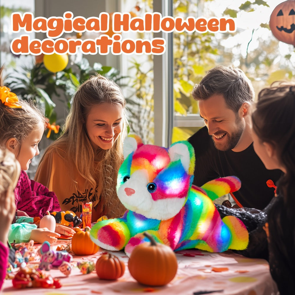 Glowing Rainbow Cat Stuffed Animal Plush Toy — Colorful LED Light Up Musical Soft Plush Kitten Doll for Kids Girls Boys | Birthday Christmas New Year Party Gift | Room & Party Decor