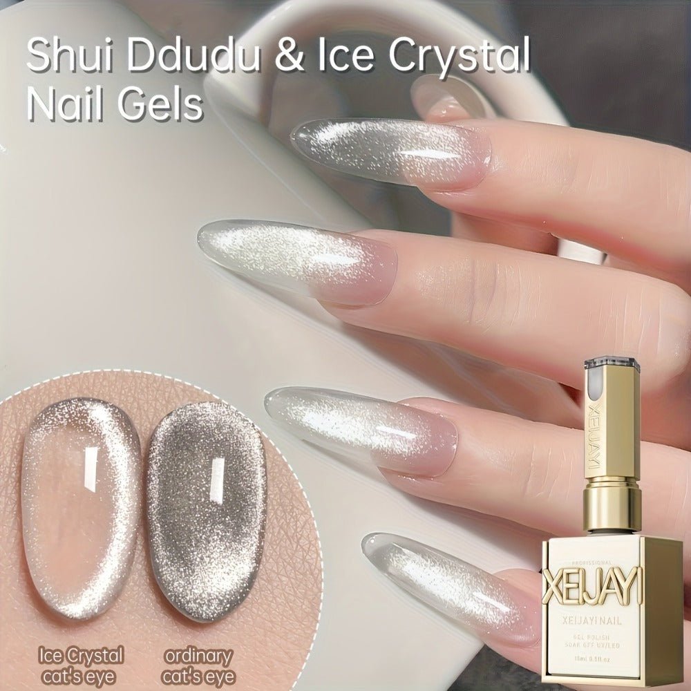Holographic Cat Eye Gel Polish Set 2pcs Iridescent Magnetic – Reflective Water Dudu & Ice Crystal Shades, Soak-Off LED/UV Curable 0.51oz, Salon & Home Nail Art Gift for Women