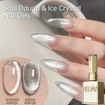 Holographic Cat Eye Gel Polish Set 2pcs Iridescent Magnetic – Reflective Water Dudu & Ice Crystal Shades, Soak-Off LED/UV Curable 0.51oz, Salon & Home Nail Art Gift for Women