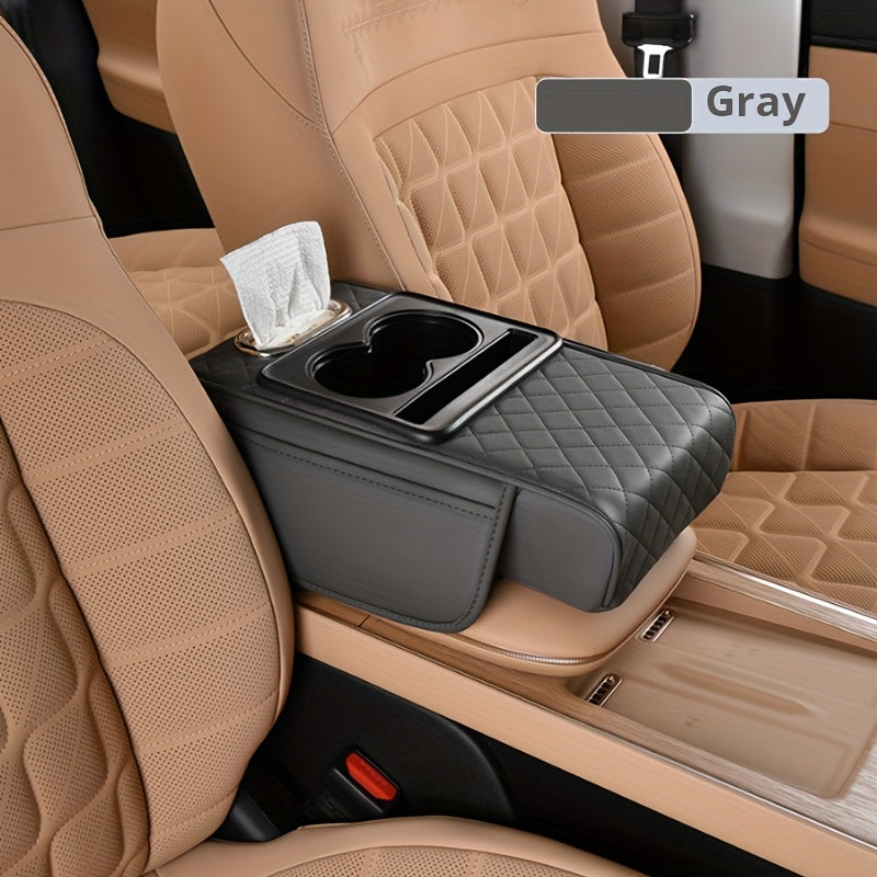 [PU Leather Console Mat] Universal Car Armrest Box Cover, PU Leather Center Console Mat With 2 Side Pockets + 2 Cup Holders, Multi-Functional Storage For Phone/Water Bottle/Cards, Fits Most Car Models, Tissue Box Replacement 3pcs Set-1