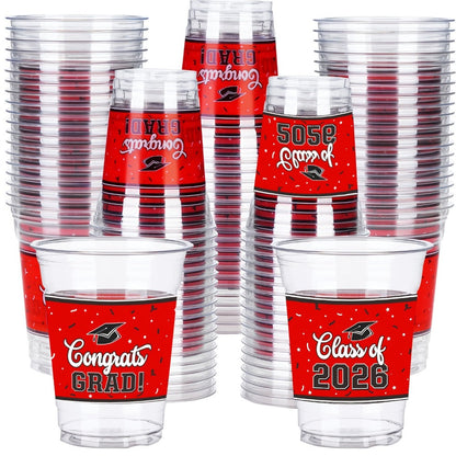 Graduation Plastic Mugs 100 Pack 14oz – 2026 Graduation Party Cups in Black Red Blue Green Purple Maroon for Graduation Ceremony, Reception, Celebration & School Color Party Drinkware Bulk
