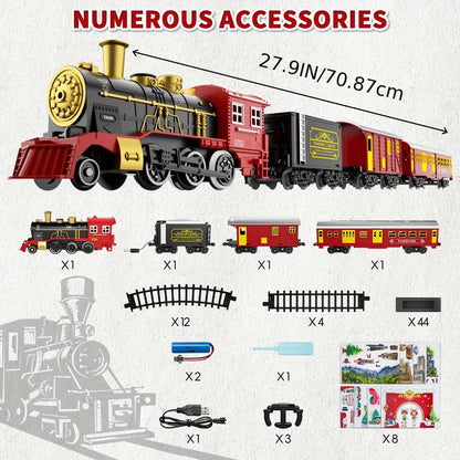 Electric Train Set for Kids with Steam Locomotive Engine Lights & Sound – Classic Christmas Train Toy with 16 Tracks 8 Cards for Boys Girls Ages 3+ Birthday Holiday Gift