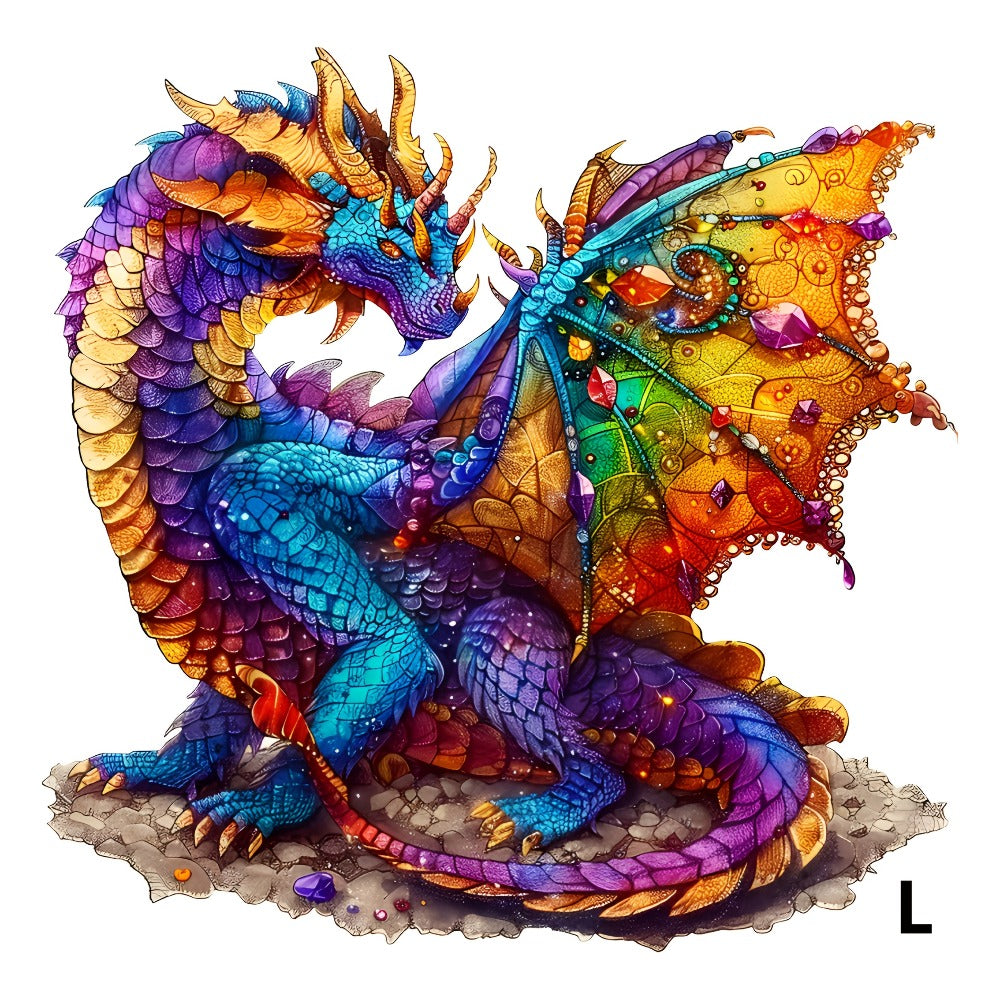 Dragon Wooden Jigsaw Puzzle Gemstone Fantasy – Colorful Irregular Animal Shaped Pieces, Unique Non-Repetitive Plywood Brain Teaser, 2 Sizes S & L, Wall Art Home Decor, Birthday Christmas Gift for Adults Teens