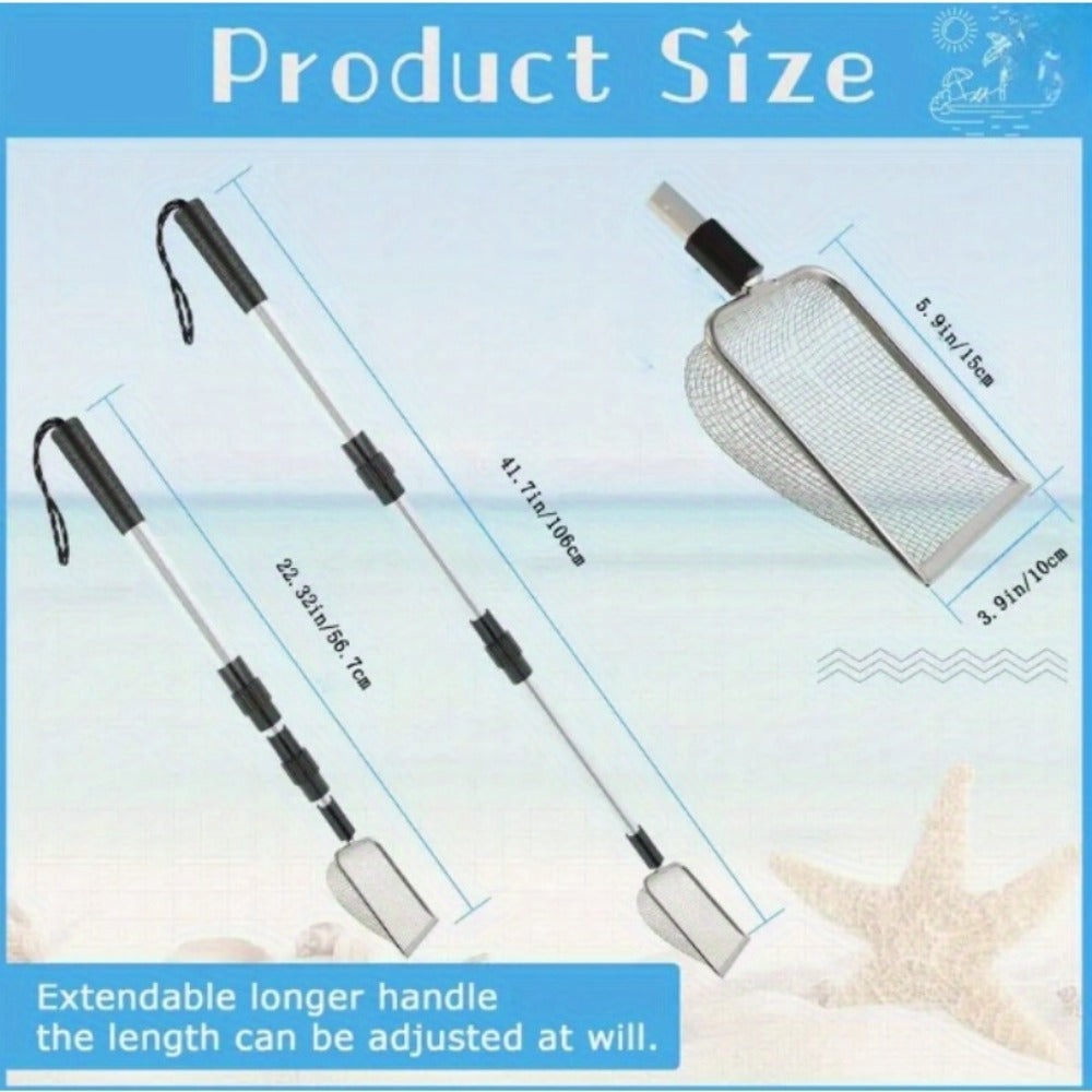 Beach Sand Sifter Scoop Telescopic Handle – Stainless Steel Retractable 3-Section Scoop for Treasure Hunting Shell Collecting Beach Combing Cat Litter Cleaning, 1pc or 2pcs
