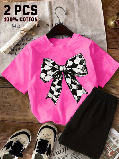 Girls' Bow Detail Outfit Set - Short Sleeve Summer 5365
