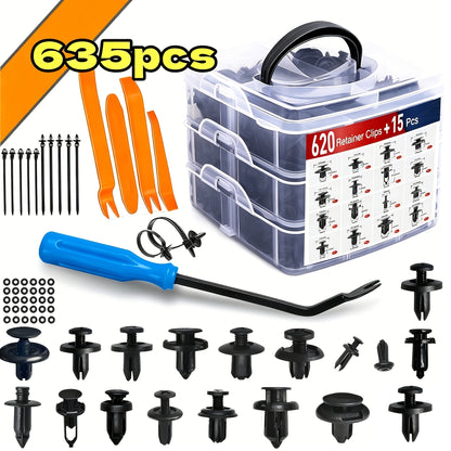 115/635/640/1290pcs Car Push Retainer Clips - 16 Sizes Nylon Bumper Fender Plastic Rivets Automotive Clips Auto Fasteners With 10 Cable Ties And Fasteners Remover Replacement