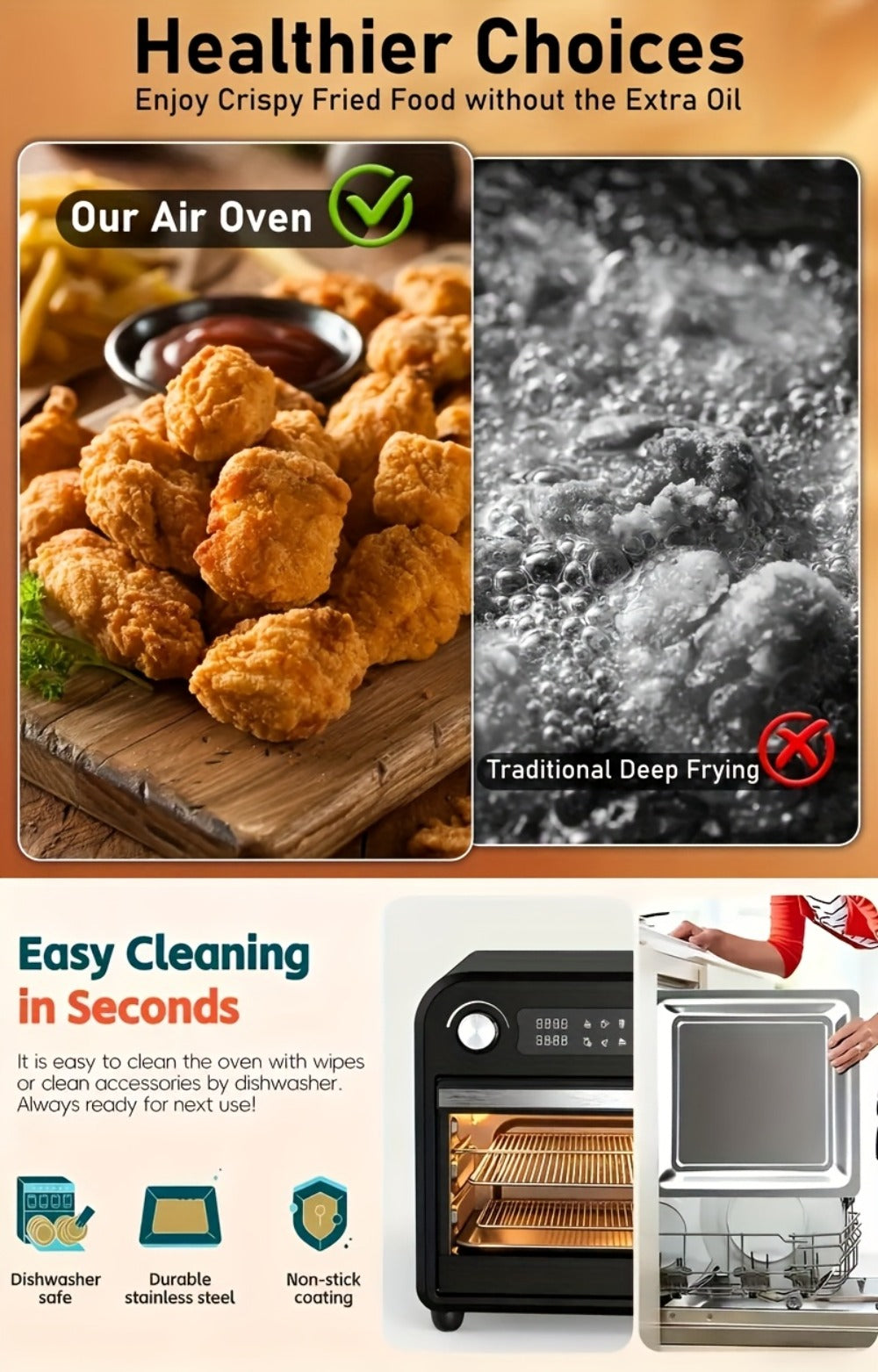 Air Fryer Toaster Oven Combo 15QT Extra Large, 360° Convection, LED Digital Display, Precise Temperature Control – Stainless Steel Interior, 5 Accessories, Healthy Low-Oil Cooking for Family Kitchen
