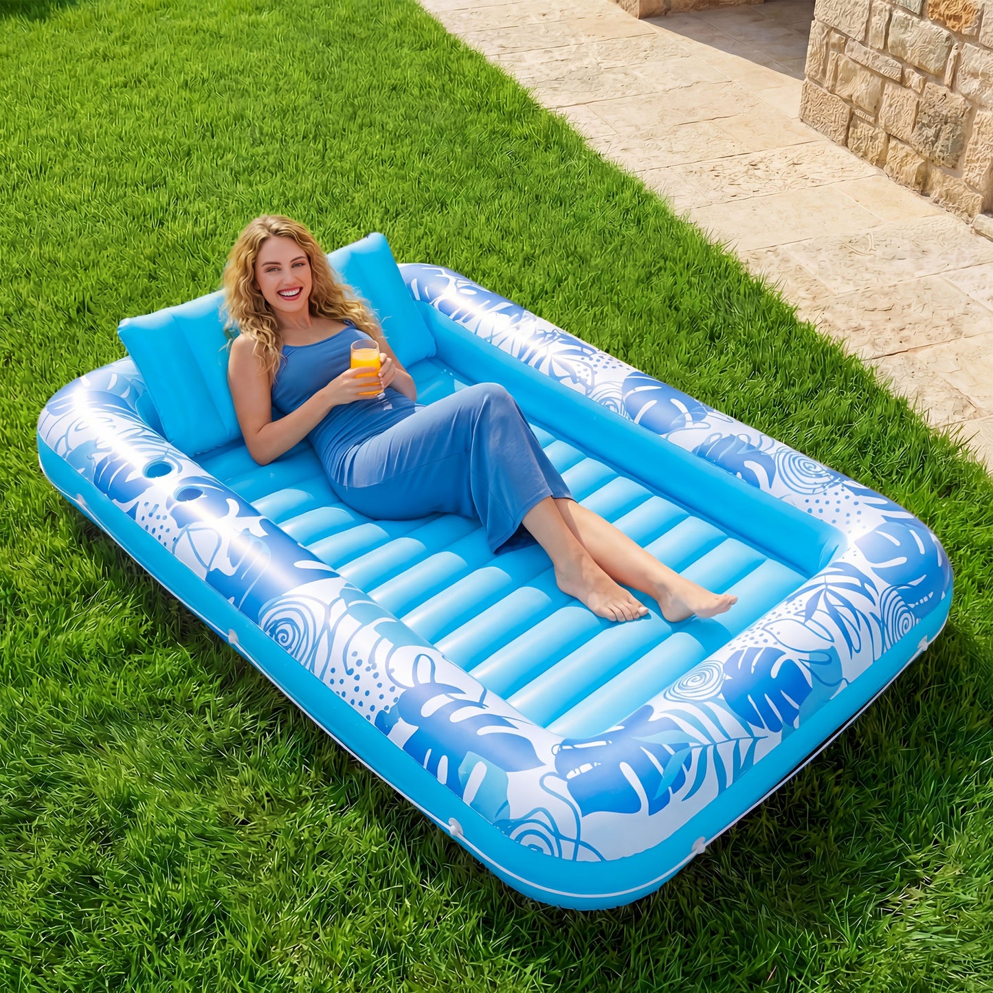 XL Inflatable Tanning Pool Float 85x57 Inch – 4-in-1 Suntan Tub Raft with Built-In Pillow, Sunbathing Bed Lounge & Ball Pit for Adults | Oversized Floating Mattress for Pool Lake Beach, Blue