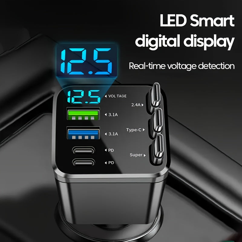 7-in-1 Car Fast Charging Mobile Phone Charger, Equipped With 3 Extendable Cables And Fast Charging Interface, Universal Plug, Easy To Operate, Supports 180 ° Free Adjustment Angle, And Is Equipped With LED Intelligent Digital Display Screen